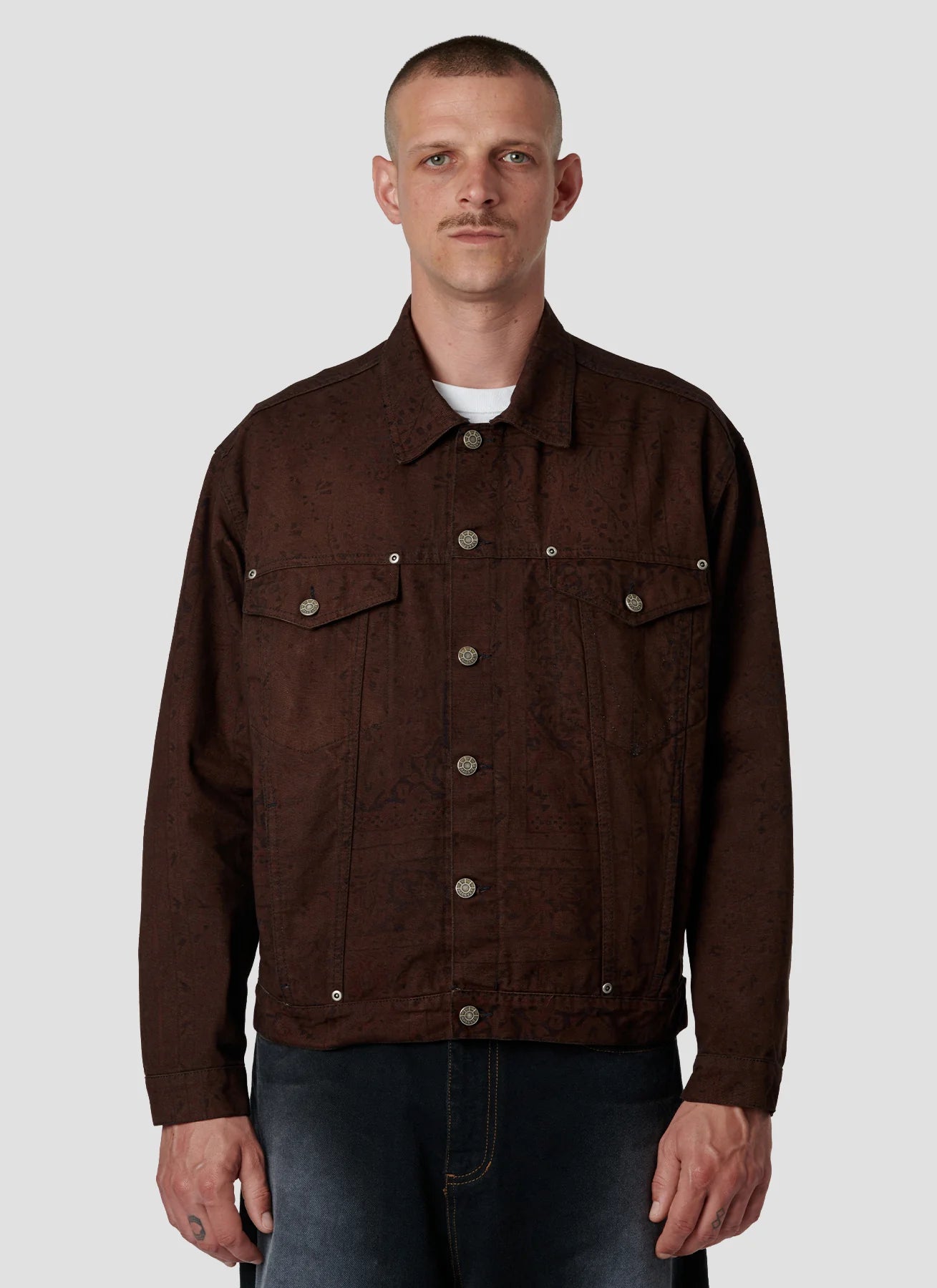 SUN DYED ALLOVER PRINTED DENIM JACKET