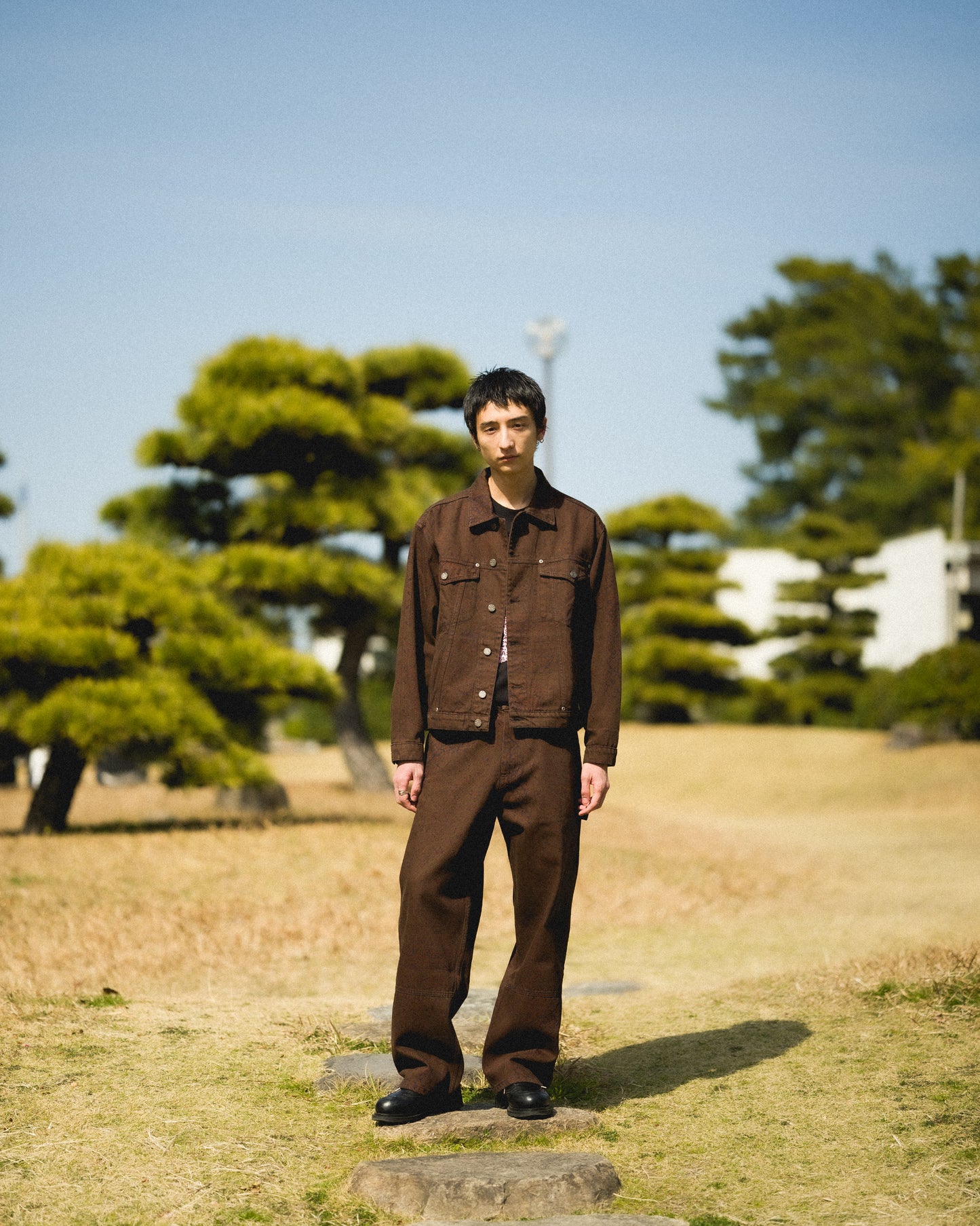 SUN DYED ALLOVER PRINTED DENIM CARPENTER PANTS