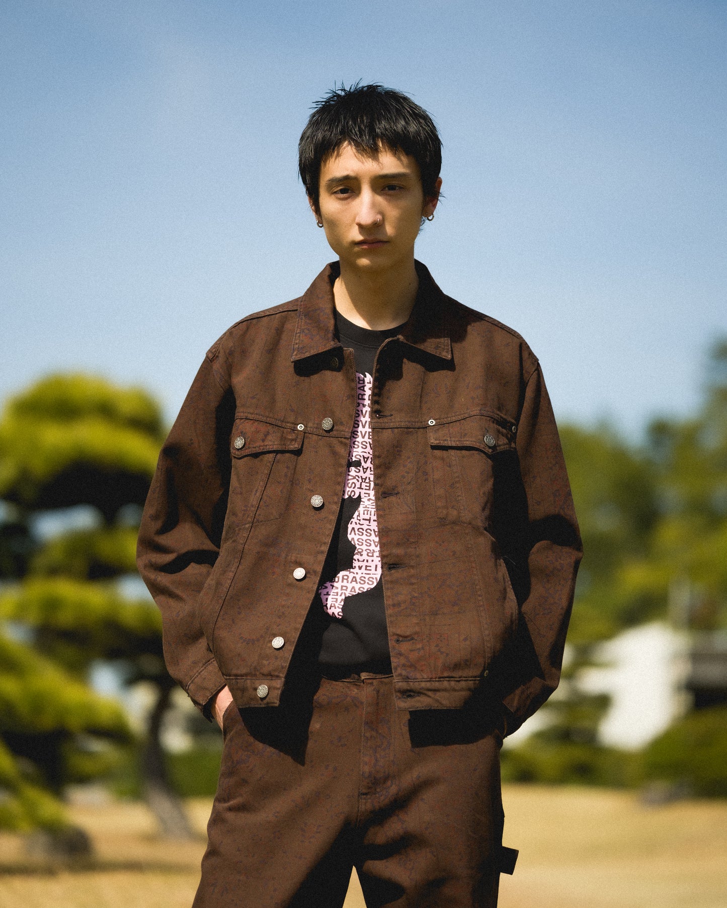 SUN DYED ALLOVER PRINTED DENIM JACKET