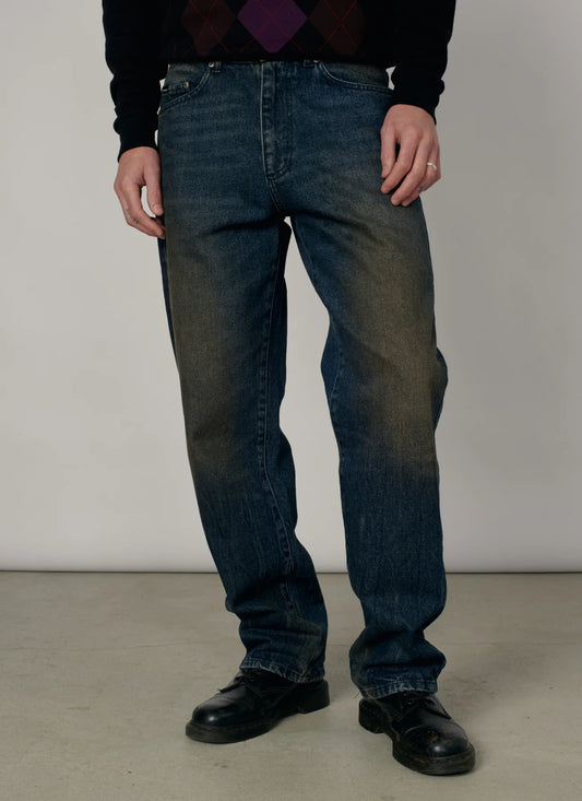 WASHED TAPERED DENIM PANTS